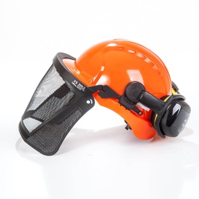 kit casco con protector auditivo y visor de malla